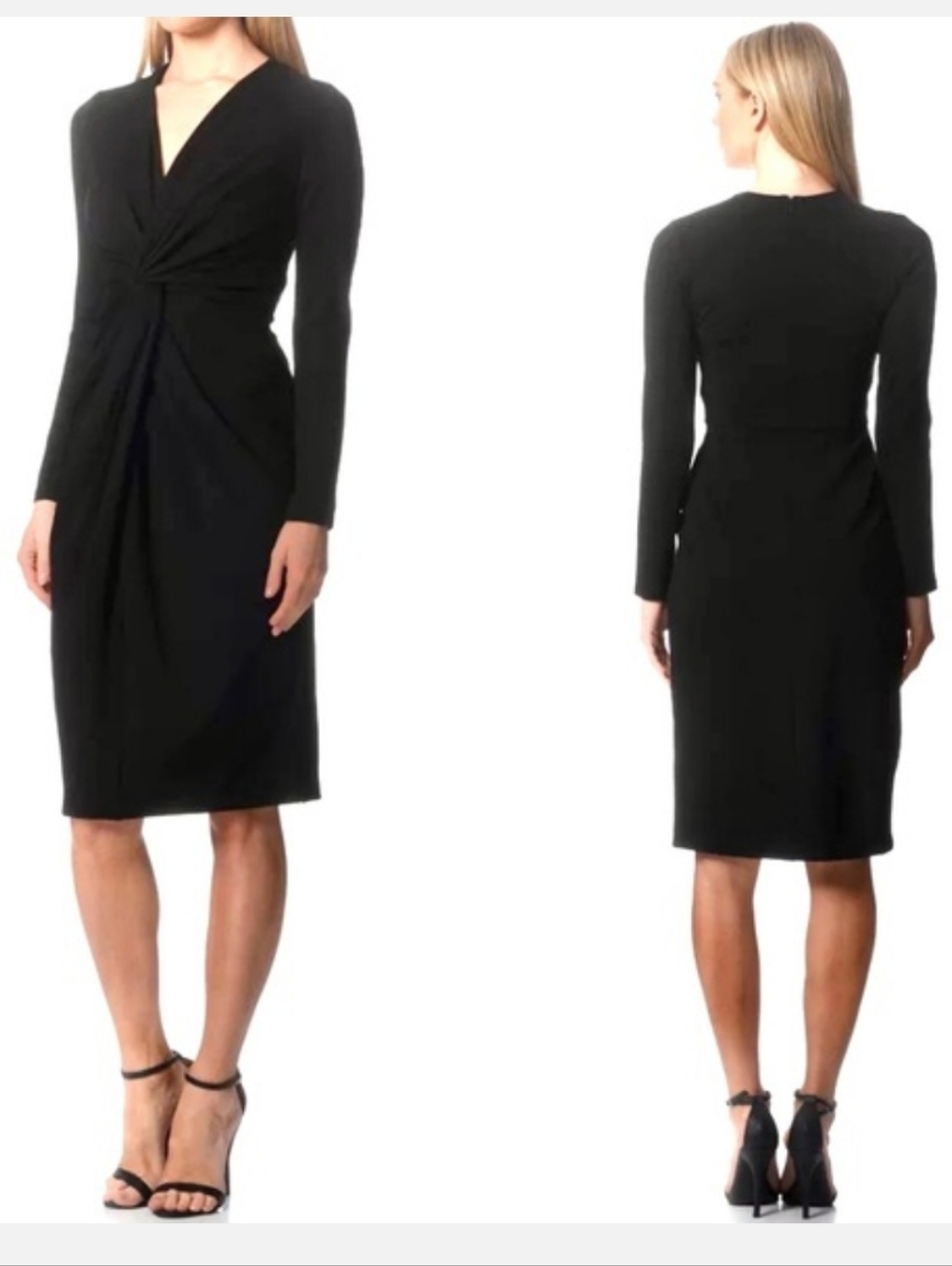 Raoul Classic Black Long-Sleeve Twist-Front Midi Dress Size 12